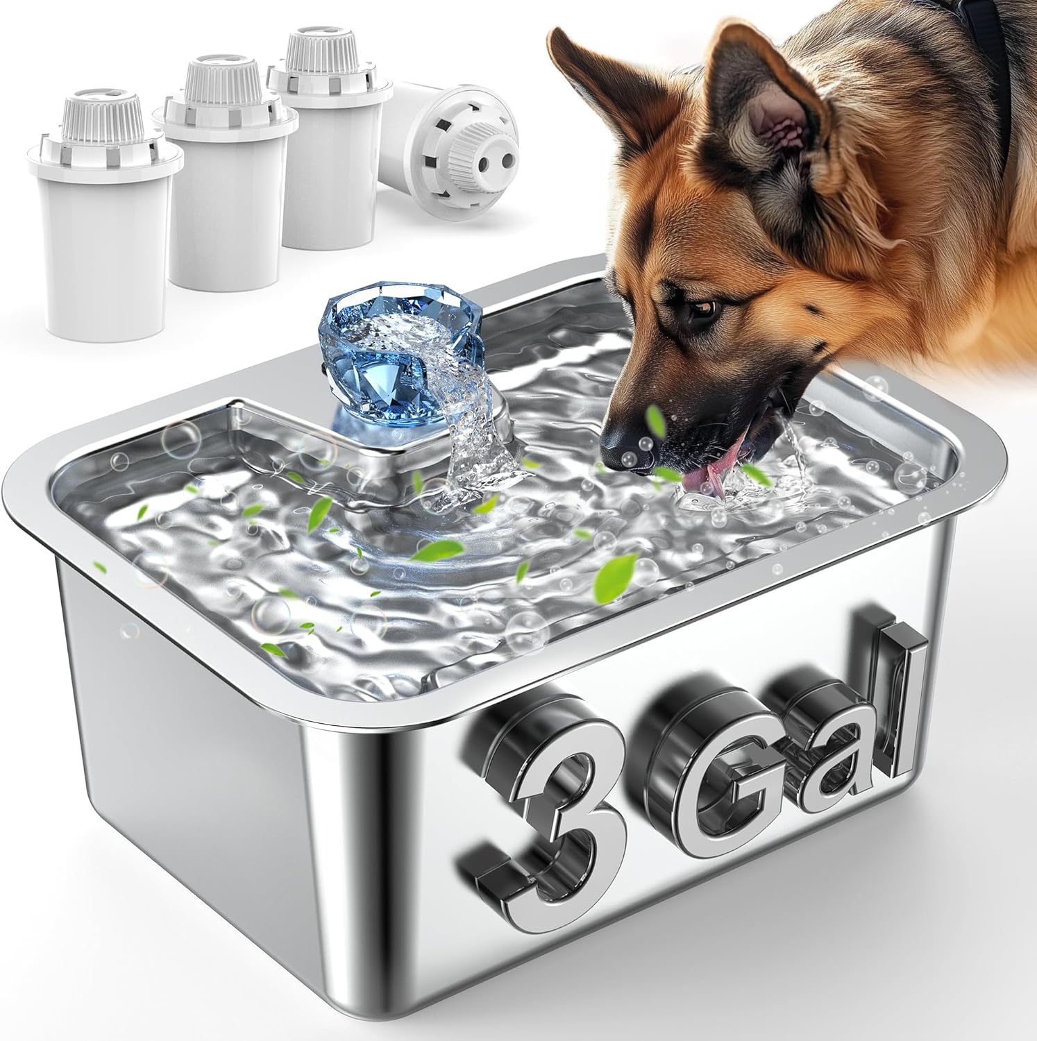11L/3Galon Stainless Steel Large Pet Water Fountain with 4 Filters
