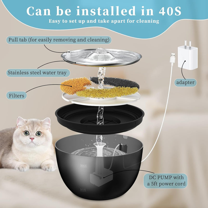 102oz/3L Cat Water Fountain Stainless Steel Tray Automatic Water Bowl Dispenser for Pets